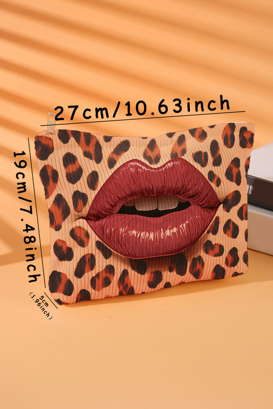 Brown Leopard Red Lips Makeup Bag