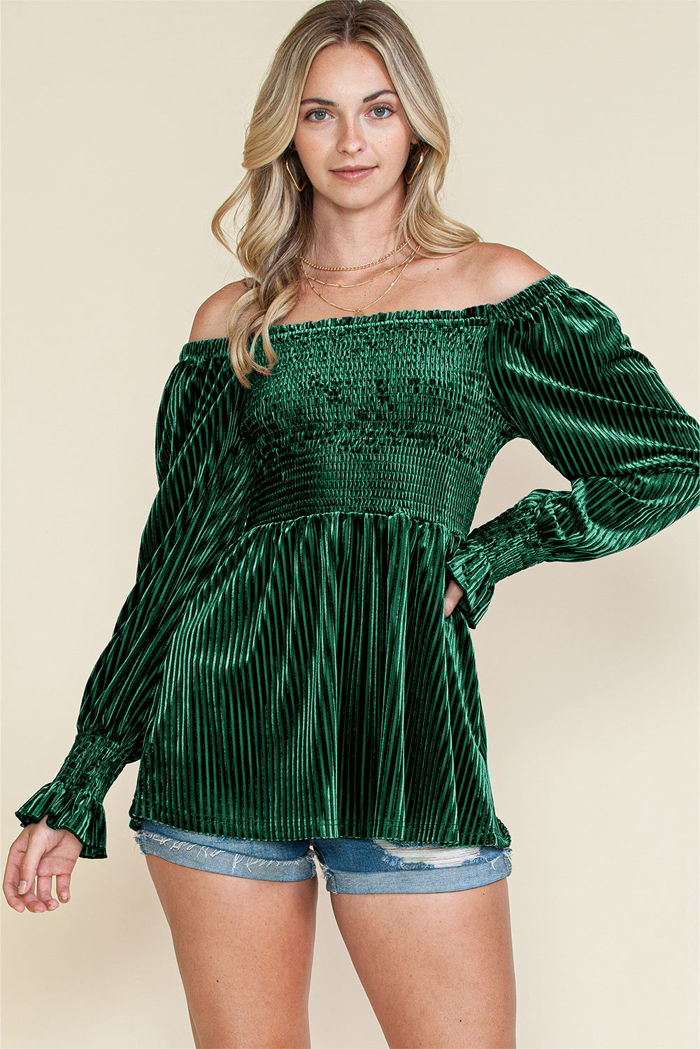 Blackish Green Smocked Ribbed Velvet Babydoll Top