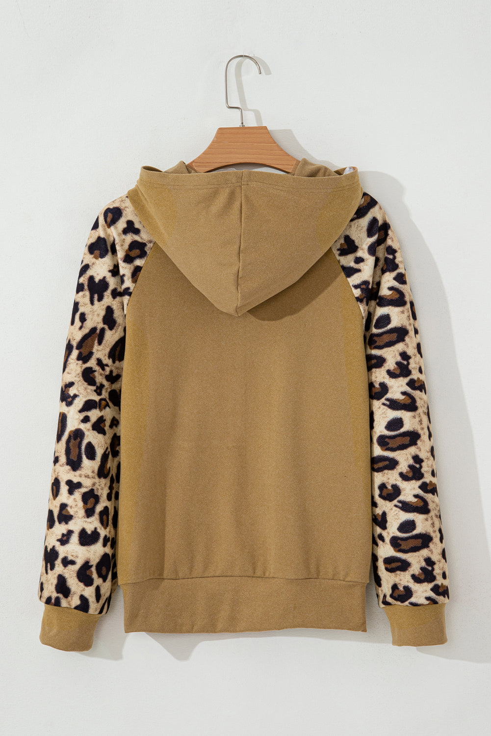 Light Beige Leopard Patchwork Raglan Sleeve Half Buttons Hoodie