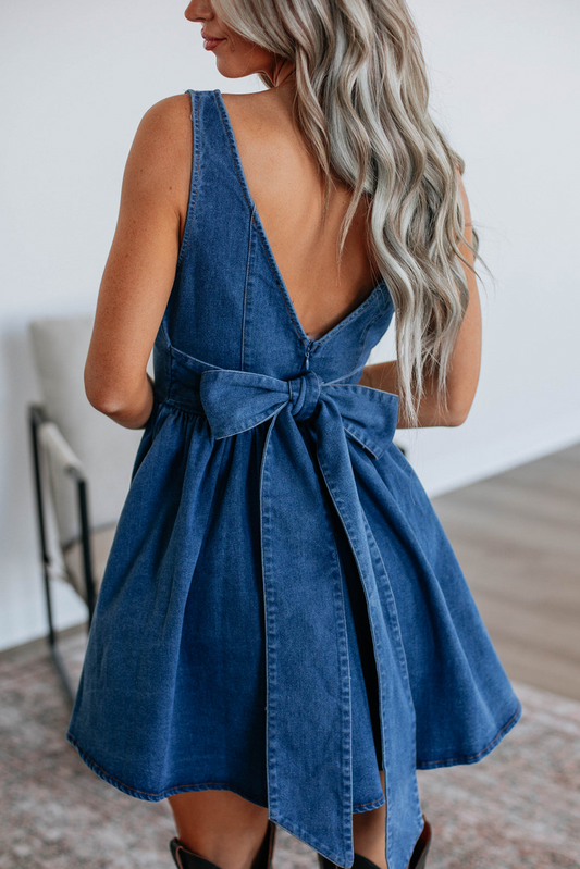 Sail Blue Bowknot A-line Sleeveless Denim Dress