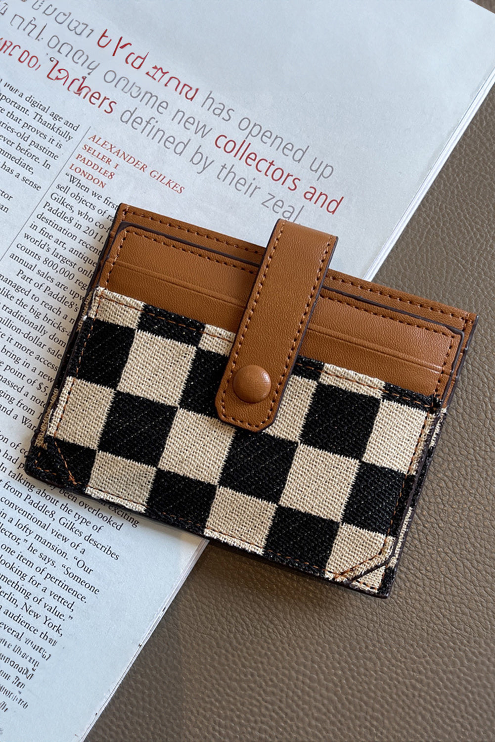 Coffee Leather Checkered Canvas Patchwork Card Wallet