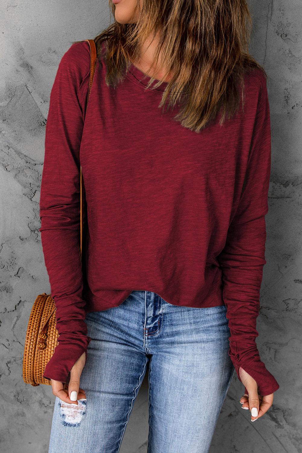 Green Plain Solid Casual Thumbhole Long Sleeve Top