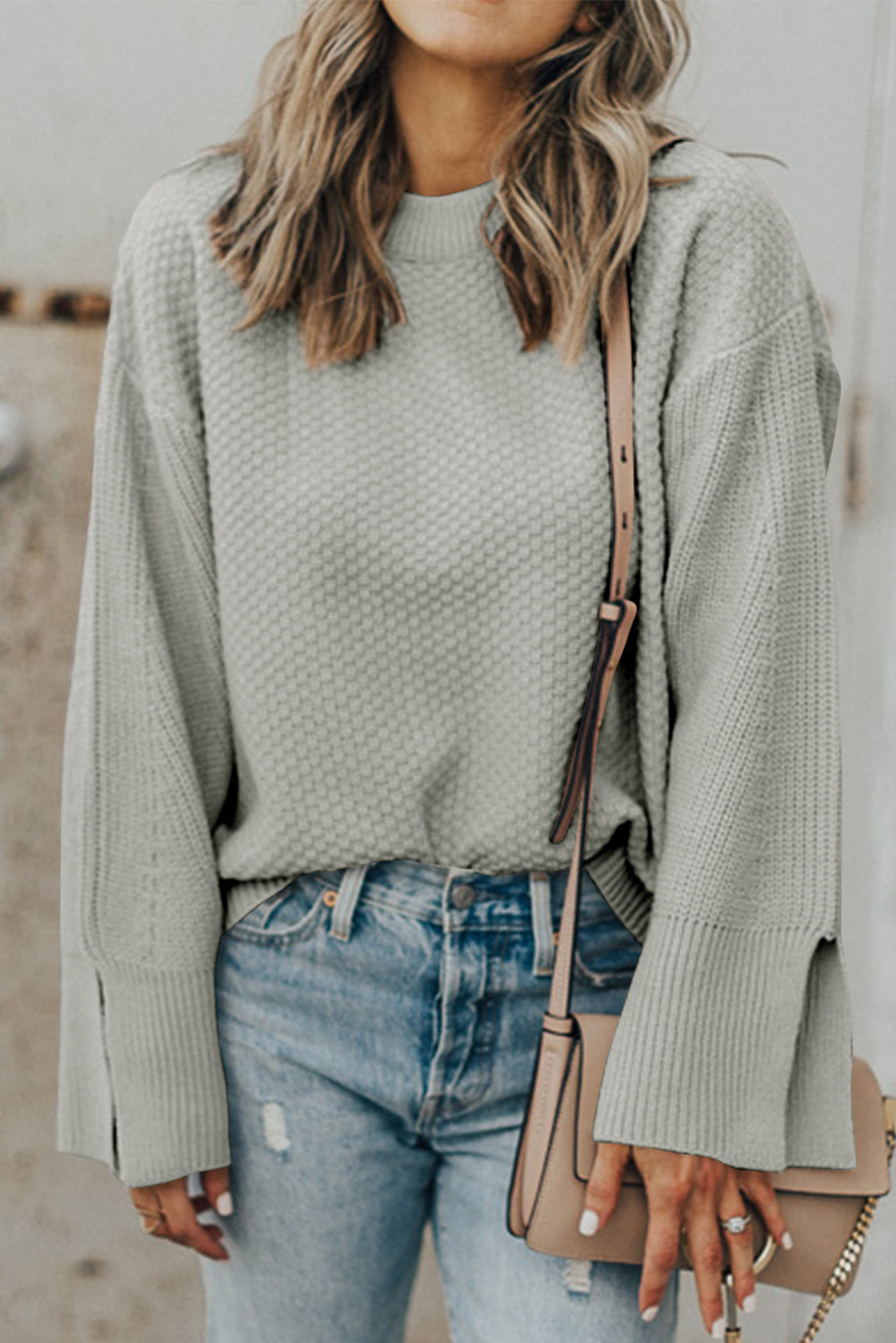 Gray Textured Knit Split Cuff Drop Shoulder Loose Sweater