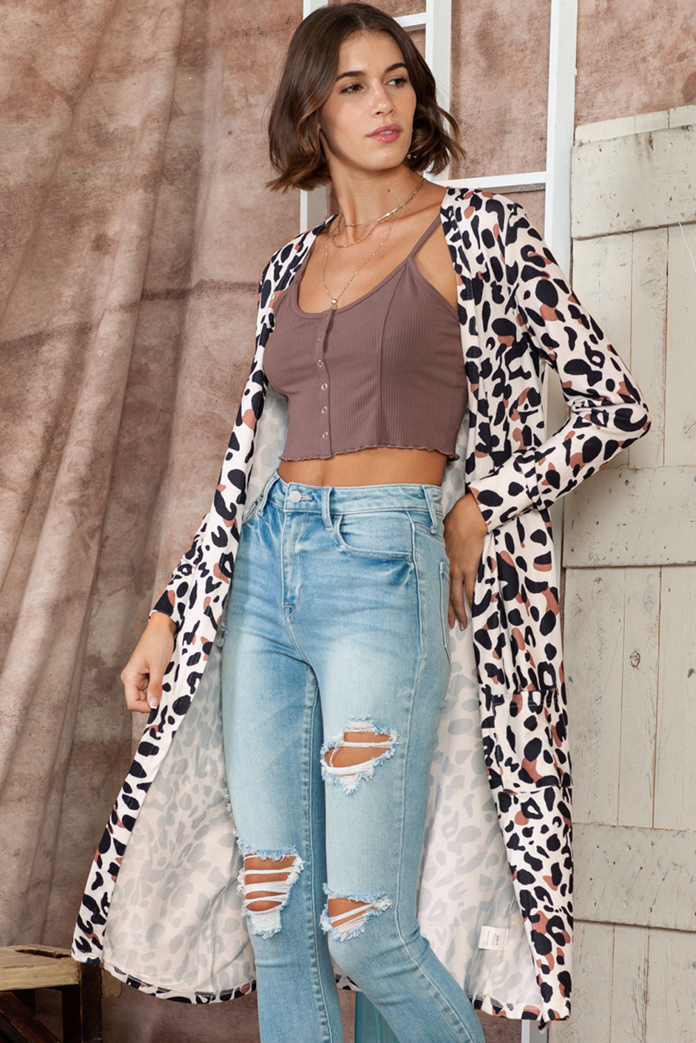 Leopard Side Pocket Open Front Duster Cardigan