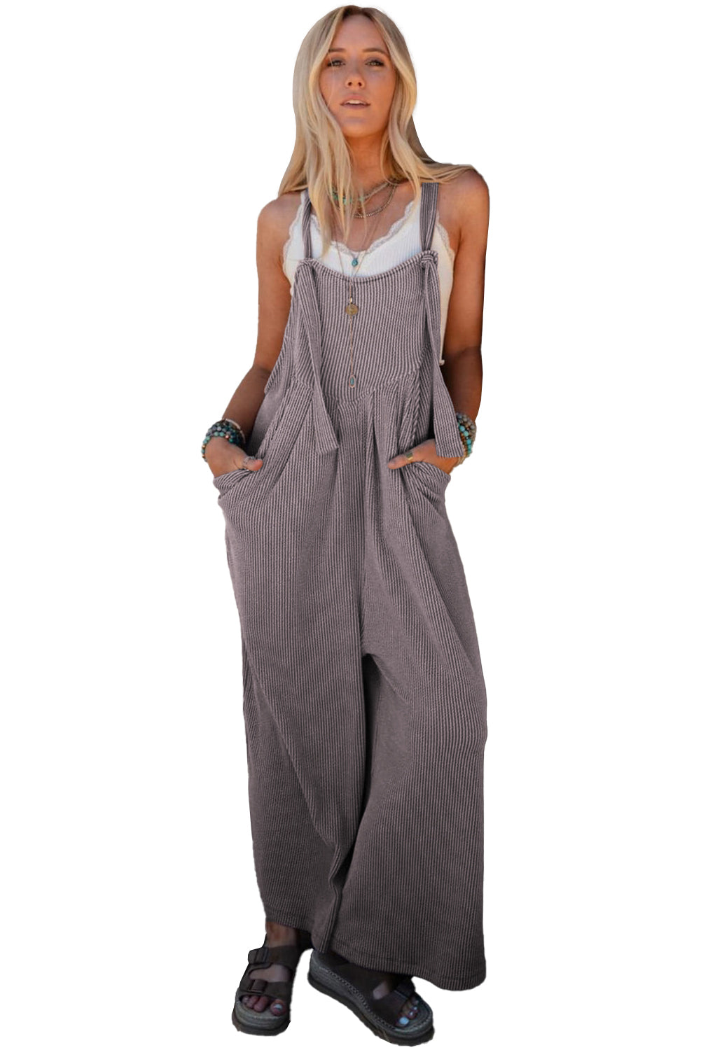 Philippine Gray Corded Solid Adjustable Straps Wide Leg Loose Jumpsuit