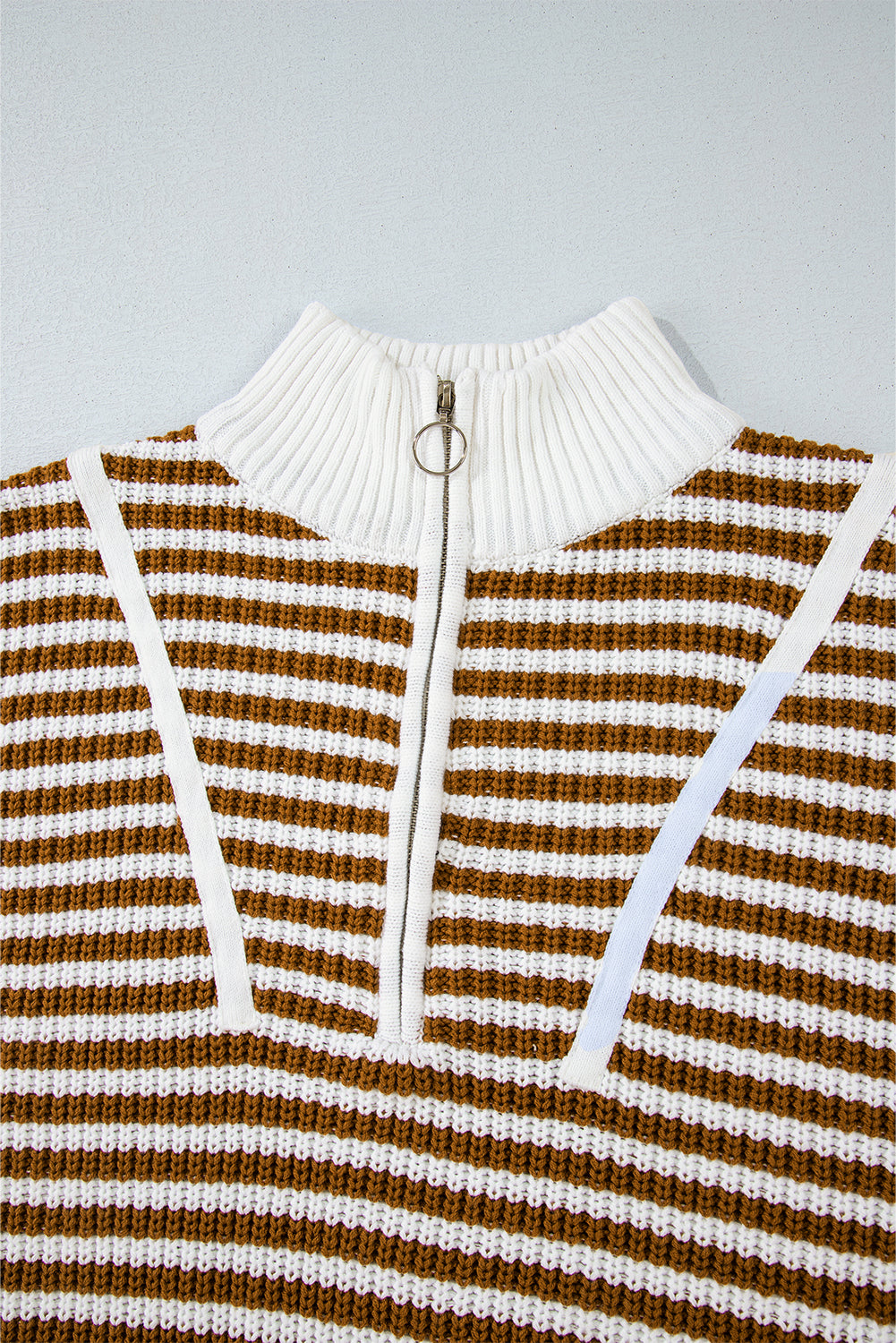 Khaki Stripe Zip Up Collar Drop Sleeve Sweater