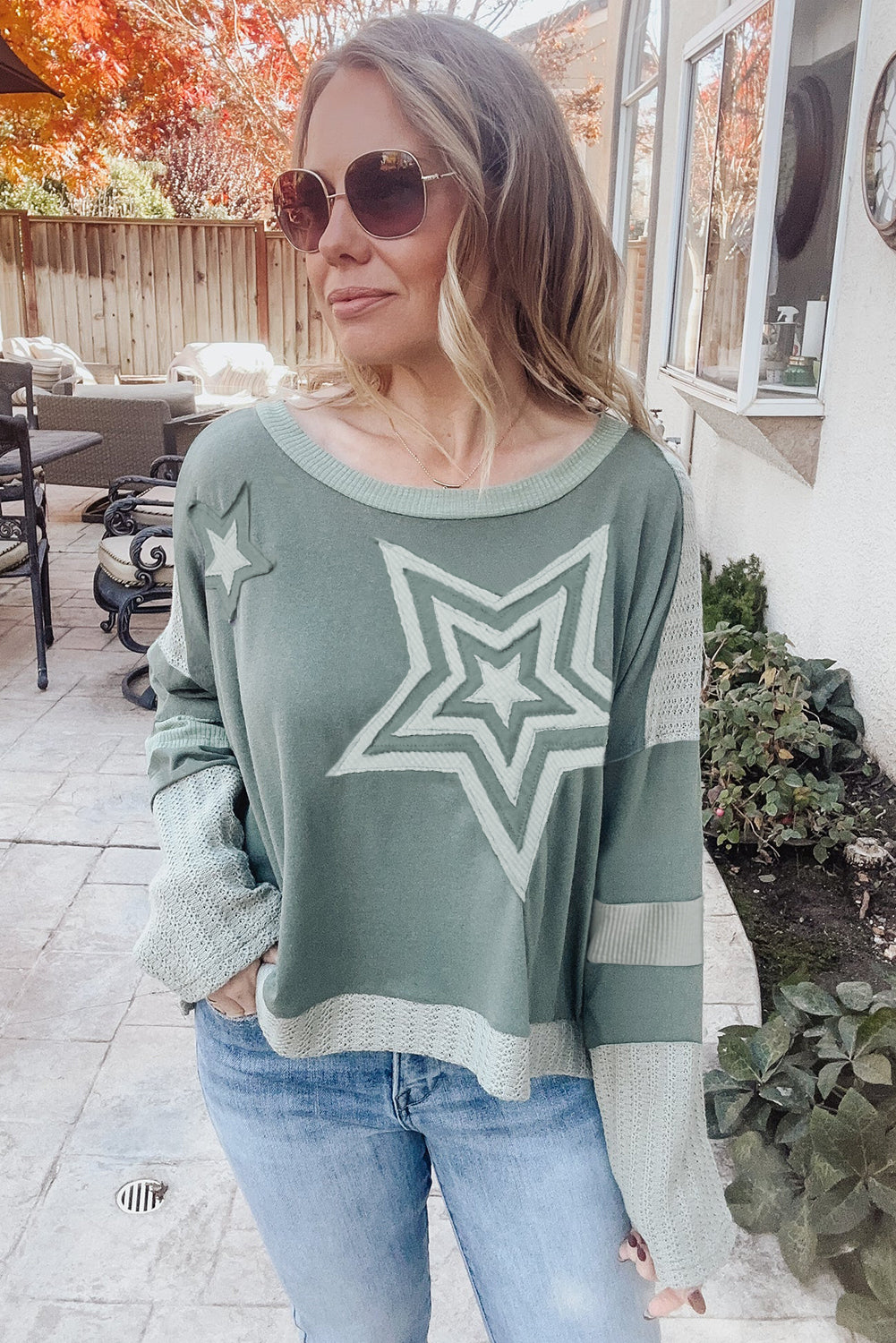 Mist Green Stars Patchwork Round Neck Plus Size Top