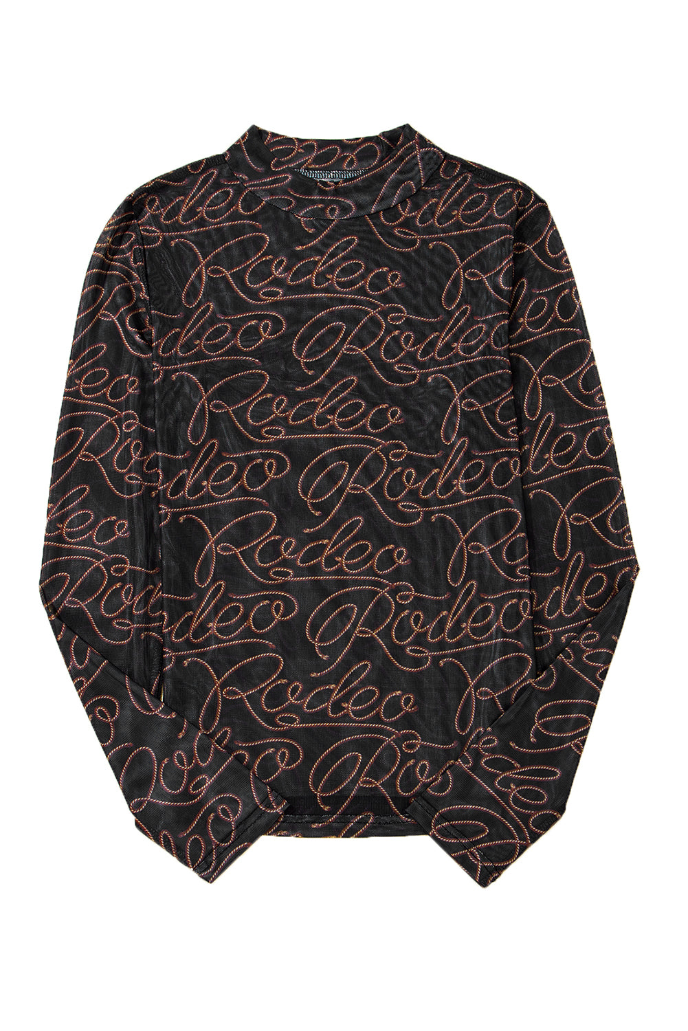 Black Letter Print Mock Neck Long Sleeve Mesh Top