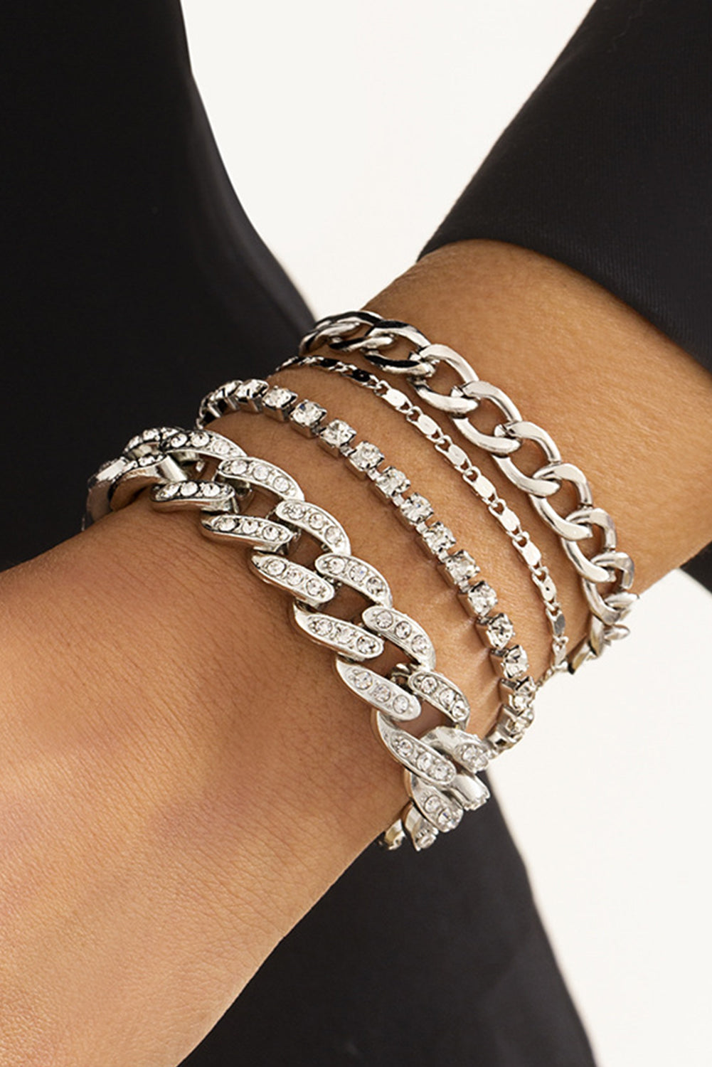 Silvery 4pcs Rhinestone Decor Adjustable Chain Bracelet Set