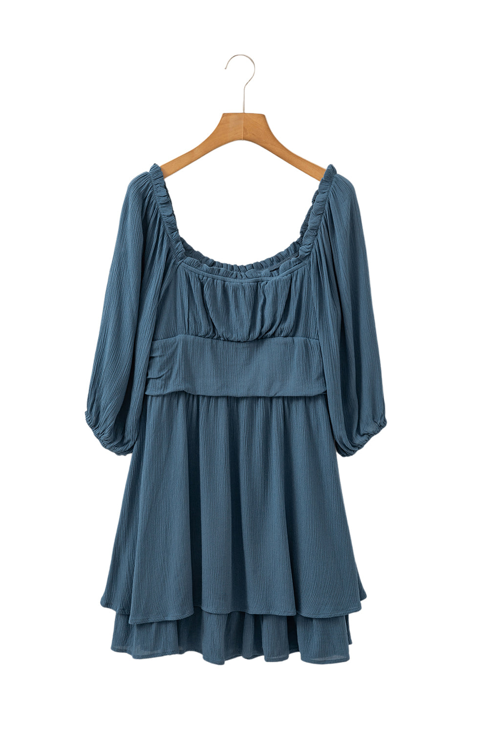 Real Teal Frill Neckline 3/4 Sleeve Ruched Layered Mini Dress