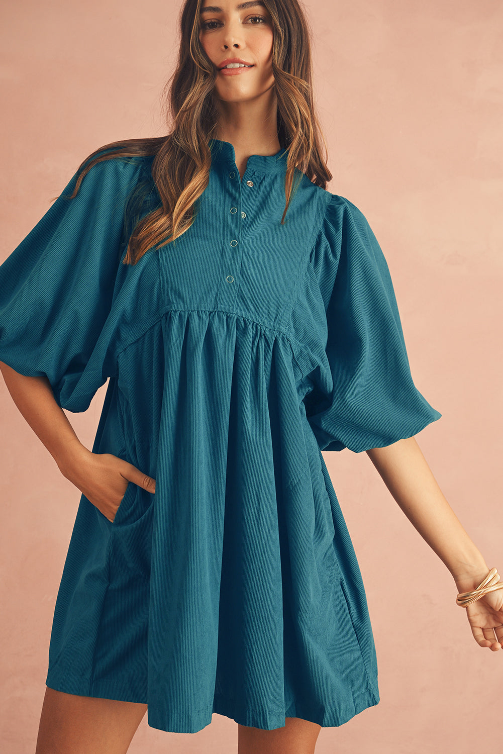 Vineyard Green Snap Button Empire Waist Lantern Sleeve Corduroy Dress