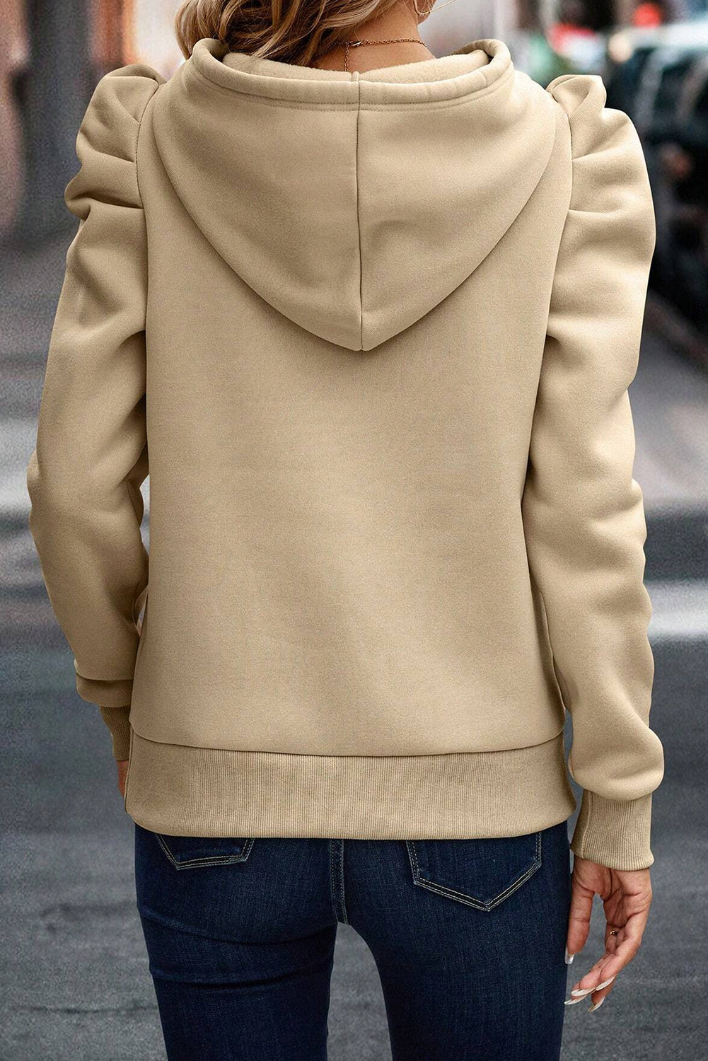 Pale Khaki Solid Color Ruched Puff Long Sleeve Hoodie