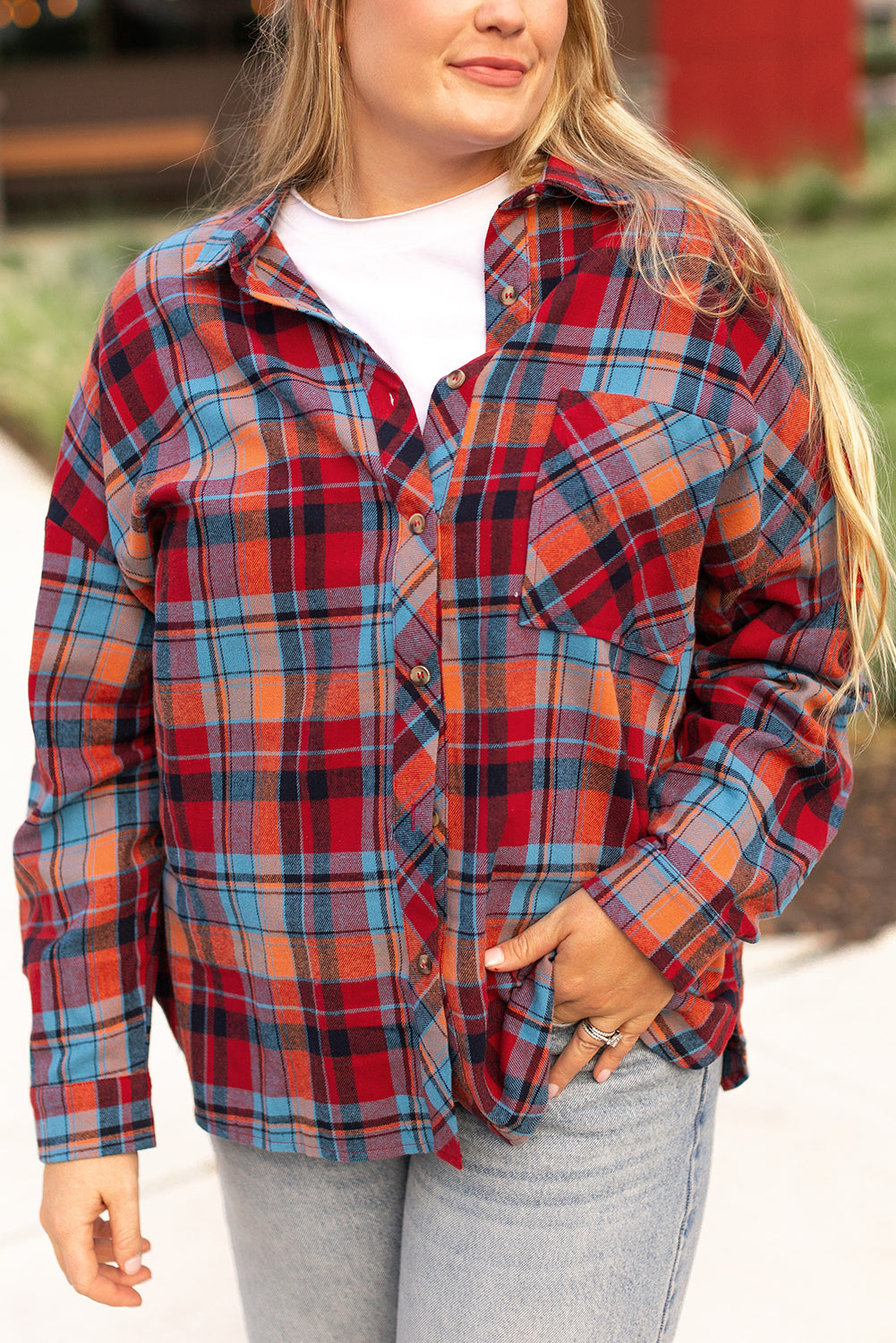 Orange Plus Size Plaid Print Buttoned Shirt