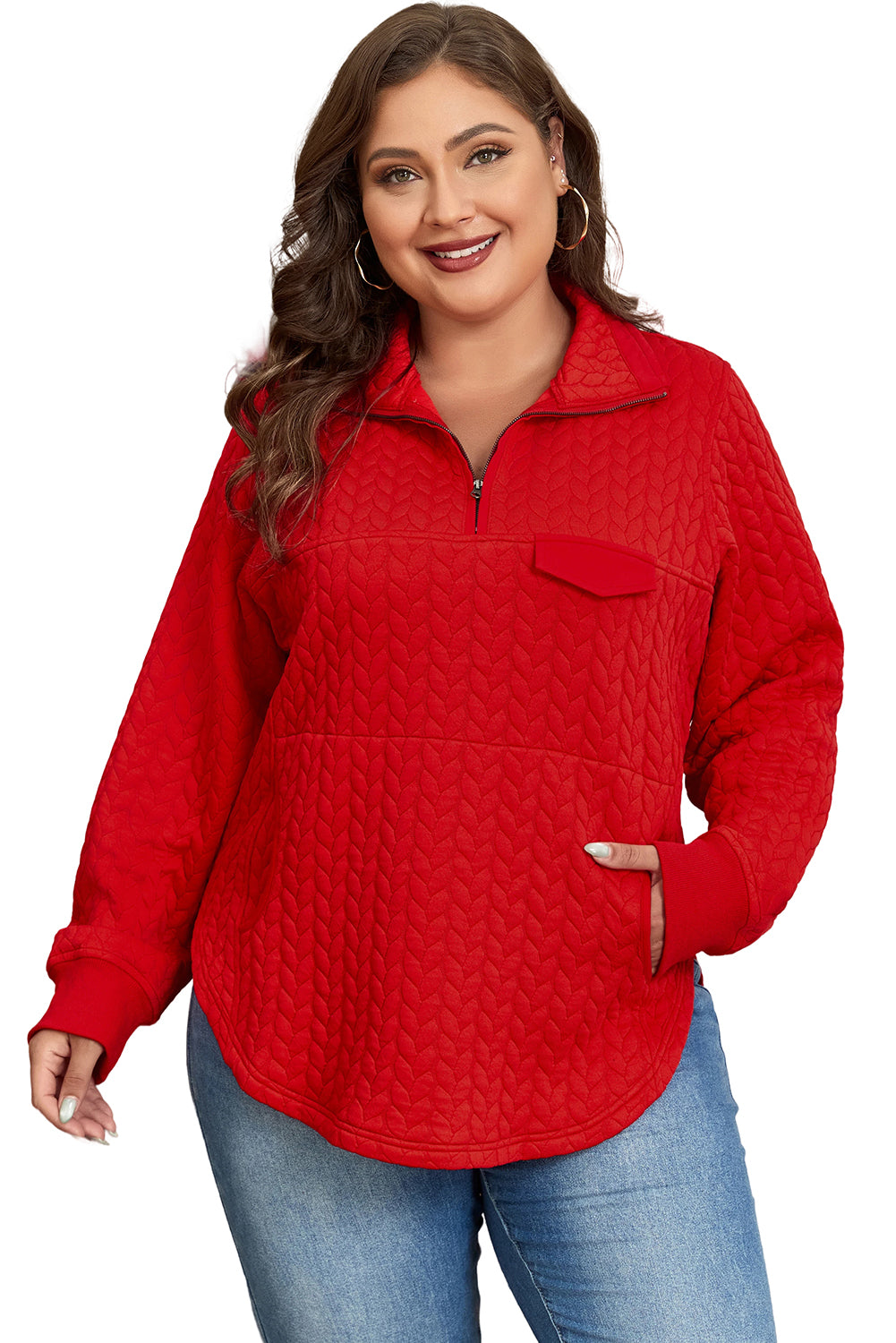 Tomato Red Textured Quarter Zip Plus Size Pullover