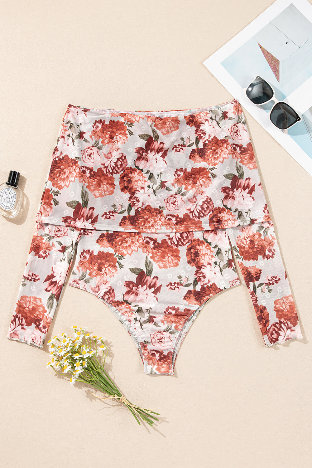 Pink Floral Print Overlay Long Sleeve Bodysuit