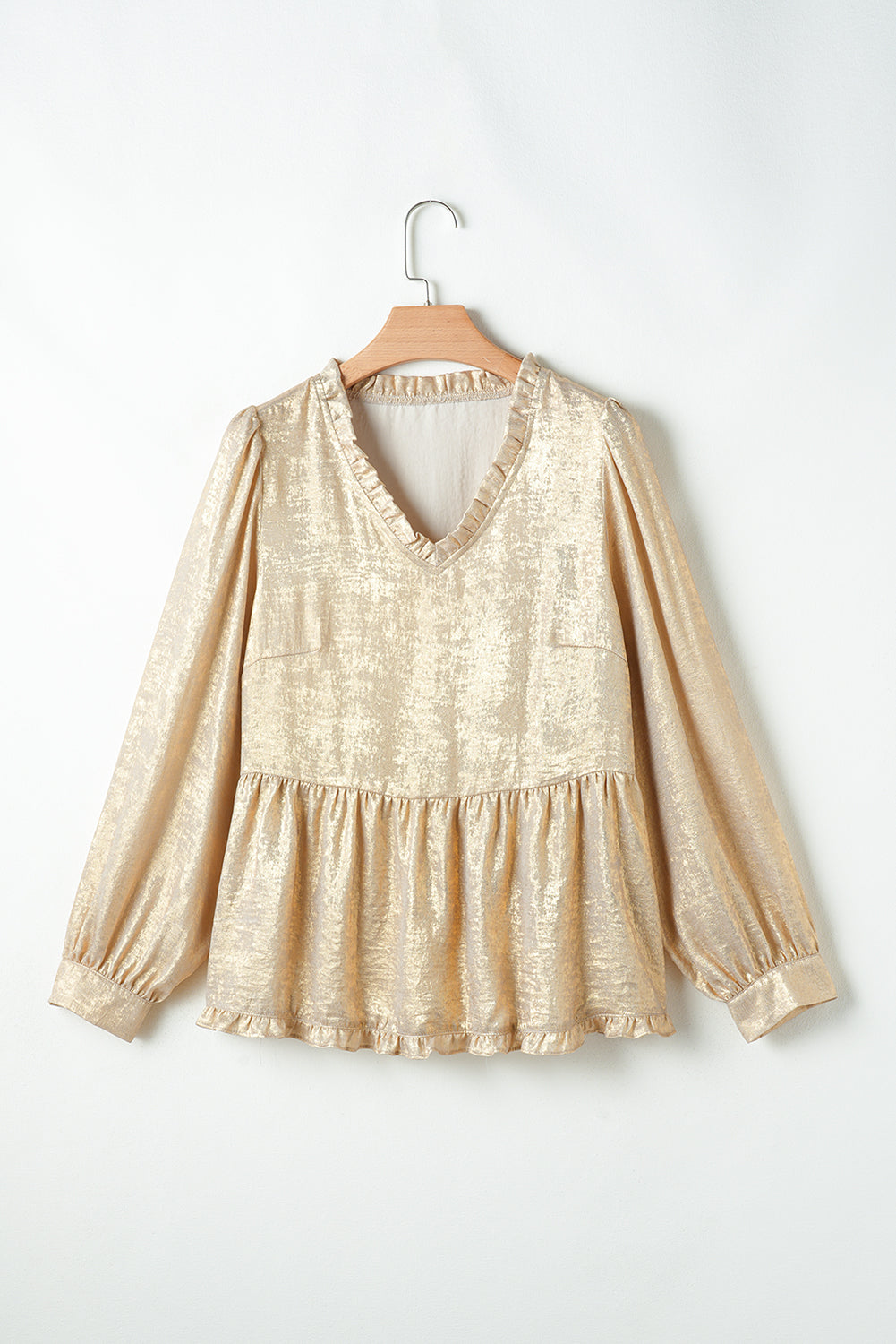 Gold Metallic Frill V Neck Puff Sleeve Babydoll Blouse