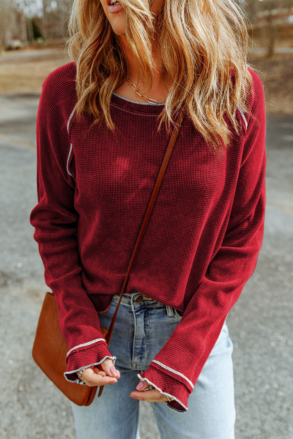 Black Textured Crewneck Long Sleeve Top